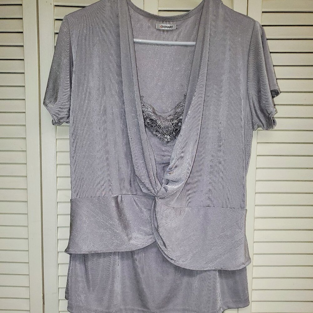 Damart Silver Faux  2 Piece Blouse with Embellishment